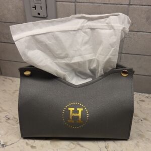 ✨️5/$30 Gray Leatherette Tissue Kleenex Holder with Gold 'H' Logo